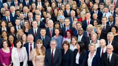 New Labour MPs congregate with PM Sir Keir Starmer, Chancellor Rachel Reeves and deputy PM Angela Rayner, as well as other members of the cabinet after the election win