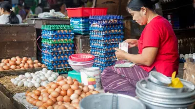 အနီရောင်အင်္ကျီဝတ်ထားတဲ့ သက်လတ်ပိုင်း မြန်မာအမျိုးသမီးတစ်ဦး ကြက်ဥဗန်းတွေနောက်မှာ ပိုက်ဆံအချို့ကို ရေတွက်နေ