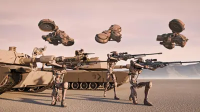 Humanoid robotlar tankların ve uçan cisimlerin önünde ateş ediyor. 