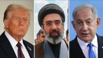 Donald Trump ati Benjamin Netanyahu wọ kootu, nigba ti adari Iran naa wọ aṣọ ibilẹ orilẹede rẹ.