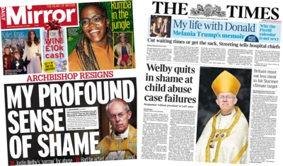 The headline in the Mirror reads, "My profound sense of shame", while the headline in the Times reads, "Welby quits in shame at child abuse case failures".