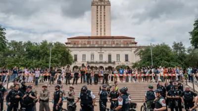 Law enforcement work to secure a demonstration during a pro-Palestine protest at the The University of Texas at Austin on April 24, 2024 in Austin, Texas.