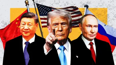 這張設計圖描繪了習近平、特朗普和普京分別站在中國、美國和俄羅斯國旗前。特朗普位於畫面中央，手指指向鏡頭，而習近平和普京的目光則略微移開。