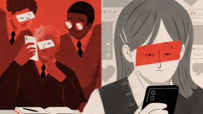 Una ilustración de una adolescente mirando su teléfono; al fondo, un grupo de tres chicos también miran un teléfono.