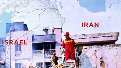 Stylised image showing a map of Iran overlaid on damaged buildings