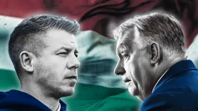 Коллаж: портреты Виктора Орбана и Петера Мадьяра лицом друг к другу на фоне венгерского флага