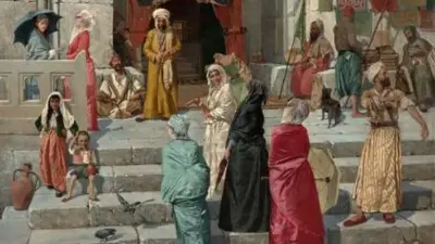 Tabloda tarihi giysili kadın ve erkekler gözüküyor