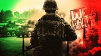 A composite image showing the back of a soldier in the centre, with a hand showing 'We want democracy' on the right, with a red colourwash, and tanks with a green colourwash on the left.