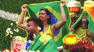 Montagem no fundo de campo de futebol mostra torcedores brasileiros e alimentos como pipoca, carne e cerveja