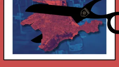 колаж зі зображенням Криму, перешийок якого відрізається ножицями