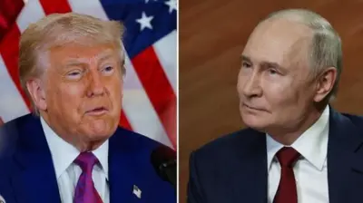 Composición con una foto de Donald Trump a la izquierda y una de Vladimir Putin a la derecha