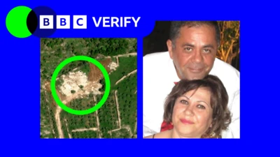 A composite image showing a satellite image of the home of Joe Elias and his wife Diana in southern Lebanon which has been destroyed. On the right is a picture of Joe and Diana together. The BBC Verify logo is in the top left-hand corner and both images are surrounded by a blue border.