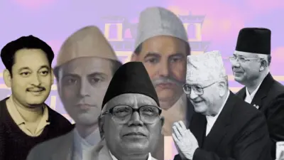 बायाँबाट क्रमस पुष्पलाल श्रेष्ठ, मातृका कोइराला कृष्णप्रसाद भट्टराई, के आई सिंह सूर्यबहादुर थापा र माधव नेपालका तस्बिर