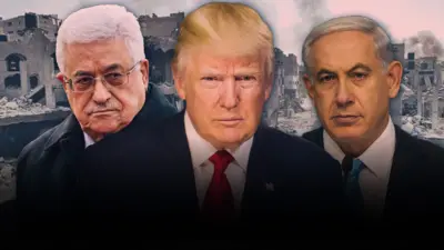 Махмуд Аббас, Дональд Трамп и Биньямин Нетаньяху на фоне разрушений в Газе.