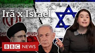 Captura de tela da imagem inicial do vídeo mostrando a repórter Julia Braun e o título Irã versus Israel