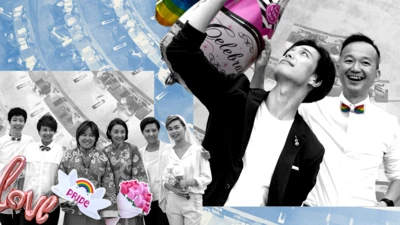 BBC製圖，左下方有六名身穿婚紗及西裝的女同志，右方是兩名男同志。