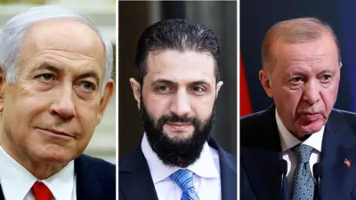 سه تصویر در کنار هم مونتاژ شده از اردوغان، احمد شرع و نتانیاهو