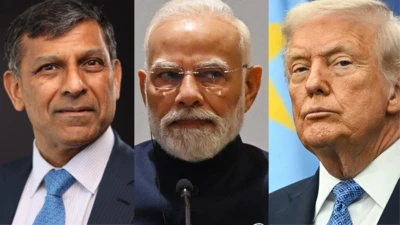 भारतीय रिज़र्व बैंक के पूर्व गवर्नर रघुराम राजन, प्रधानमंत्री नरेंद्र मोदी और अमेरिका के राष्ट्रपति डोनाल्ड ट्रंप