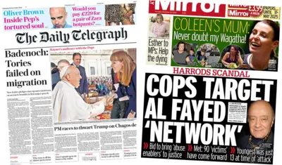 The front page of the Daily Telegraph and the Daily Mirror