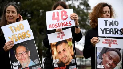 Three women holding up signs showing hostages held in Gaza