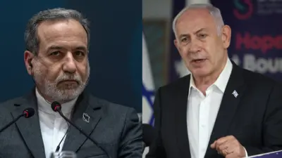 तस्वीर में बाएं- ईरानी विदेश मंत्री अब्बास अराग़ची और दाएं इसराइली पीएम बिन्यामिन नेतन्याहू