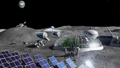 Base lunar com astronautas cultivando alimentos em estufas. A Terra paira acima, na escuridão do espaço