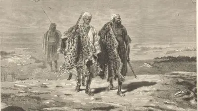 لوحة من القرن التاسع عشر للبريطاني هنري والتر بايتس تظهر باعة جلد النمر في بغداد