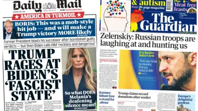 The headline in the Daily Mail reads: Trump rages at Biden's 'fascist state', and the Guardian's headline reads: Zelensky: Russian troops are laughing at and hunting us