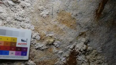 灰色の石の表面に、褐色の色がつき、かすかに手の指の形が見える