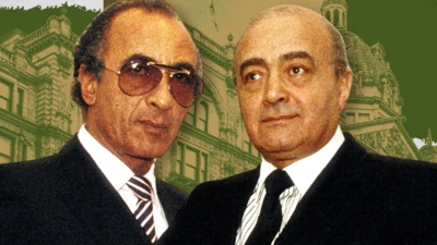 A composite graphic showing photos from 1989 of Salah Fayed on the left, wearing a dark suit and a striped tie with aviator-style sunglasses and Mohamed Al Fayed, wearing a dark suit and a dark tie with a striped shirt and a white contrast collar. Behind them is a stylised image of the Harrods facade, in the brand's green and gold colours