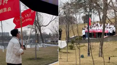 Хитойлик бир гуруҳ одамлар Миллий Боғда ўтказган акция.