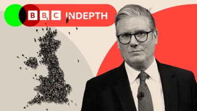 A montage image of Starmer and a map of the British Isles, made up of people