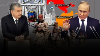 Мирзиёев, Путин, темир йўллар ва Толибон жангарилари акс этган сурат. 