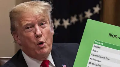 Donald Trump holding a chart in a cabinet meeting in 2019 which compares tariffs charged by US on overseas goods with higher tariffs charged by other nations on US goods