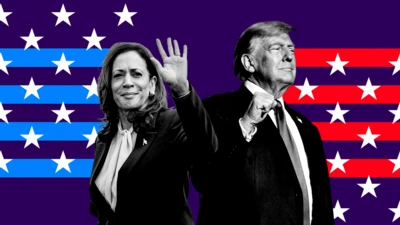 One digitally created collage wey show Kamala Harris and Donald Trump. Kamala Harris dey left, wearing a suit with a white blouse and waving her hand. Donald Trump dey right, wearing a suit wit a white shirt and a tie.