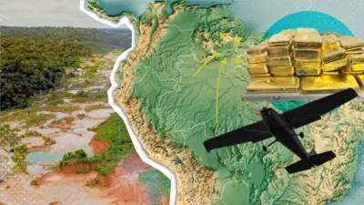 Colagem mostra mapa do Brasil, barras de ouro, área de mineração, e um avião de pequeno porte