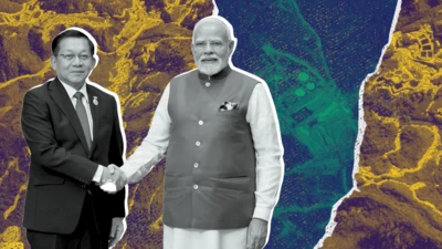 ပန်ဝါက မြေရှားလုပ်ကွက်တွေနောက်ခံပေါင်းစပ် ဓာတ်ပုံနဲ့ ဗိုလ်ချုပ်မှူးကြီးမင်းအောင်လှိုင်နဲ့ အိန္ဒိယဝန်ကြီးချုပ် မိုဒီတို့ လက်ဆွဲနှုတ်ဆက်နေပုံ အဖြူအမည်း ပေါင်းစပ်ဓာတ်ပုံဖြစ်ပါတယ်။