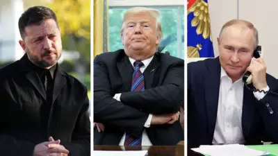 Коллаж из трех фотографий: Зеленский, Трамп и Путин