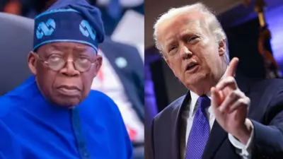 Bola Tinubu wọ aṣọ buba buluu pẹlu fila lori, Donald Trump wọ kootu dudu pẹlu tai lọrun