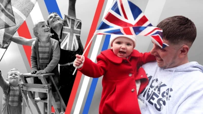 Two images of people celebrating VE Day. On the left, a woman is putting up Union Jack flags with two children. The picture is black and white. On the right, a dad is holding his young child who is waving a Union Jack. There is a designed V in the middle. 