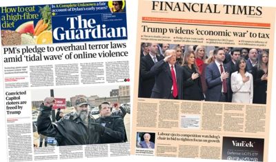 The headline in the Guardian reads, "PM's pledge to overhaul terror laws amid 'tidal wave' of online violence", while the headline in the Financial Times reads, "Trump widens 'economic war' to tax". 