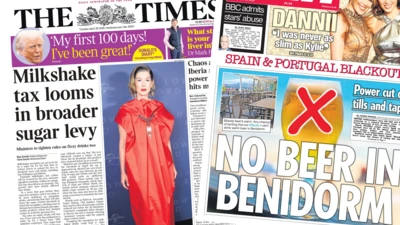 The Times and The Sun front pages are next to each other with the headline of the former reading "Milkshake tax looms in broader sugar levy" as the latter's reads "no beer in Benidorm."