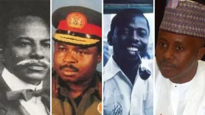 Collage of fotos of Herbert Macaulay, General Mamman Vatsa, Ken Saro-Wiwa and Farouk Lawan