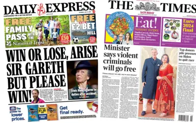 The headline on the front page of the Daily Express reads: "Win or lose, arise Sir Gareth but please win" and the main headline on the front page of the Times reads: "Minister says violent criminals will go free"