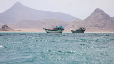 Boats float near the coast of Bab el-Mandeb, Yemen April 2, 2026.