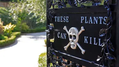 Detalle de la puerta de hierro del jardín, con una calavera y la advertencia: "Estas plantas pueden matar".