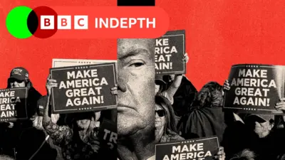 Обработанное изображение, на котором на красном фоне в центре виден черно-белый фрагмент лица Трампа, а вокруг - толпа людей с плакатами MAGA