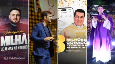 Montagem com imagem dos padres Mario Sartori, Patrick Fernandes, Chrystian Shankar e Reginaldo Manzotti
