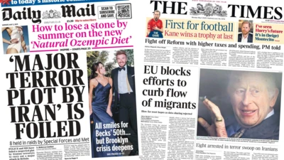 The headline in the Daily Mail reads: 'Major terror plot by Iran' is foiled and the headline in the Times reads: EU blocks efforts to curb flow of migrants