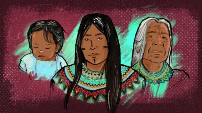 Ilustração de uma mulher emberá, com sua filha e avó